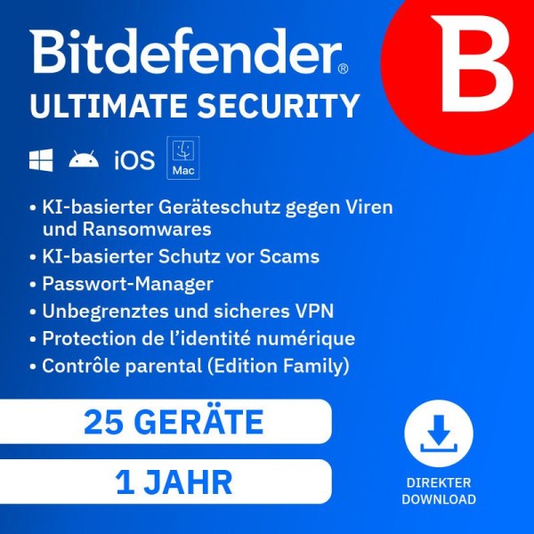 Bitdefender Ultimate Security Family 2026 | 25 Geräte - 1 Jahr